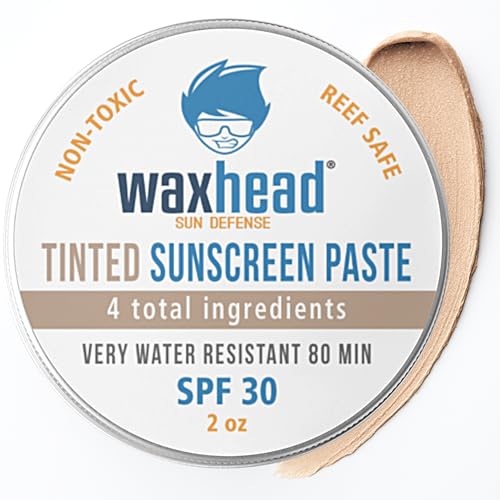 Waxhead Tinted Zinc Oxide Surf Sunscreen SPF 30 for Face, 4 Ingredient Reef Safe Zinc Paste, Waterproof Sunblock for Swimming, Sensitive Skin and Eczema, Tinted Scar and Tattoo Protection, 2oz Tin