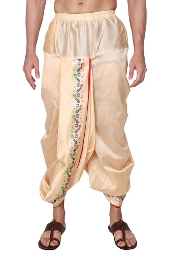 Image of Rameshwaram Fabrics Readymade Dhoti for Men, Velcro Style Stitched Mens Silk Dhoti Pant with Stole Set