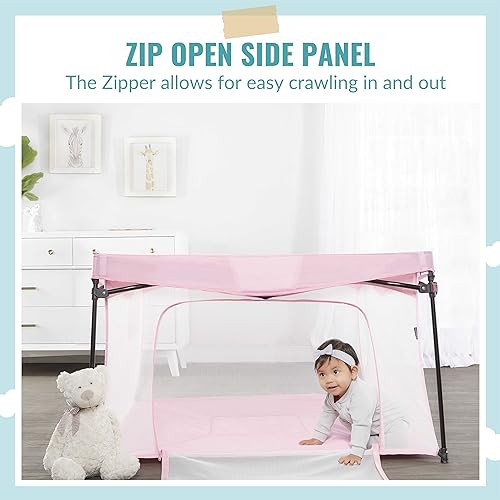 Image of Dream On Me Ziggy Playpen Only, Soft Base, Portable, 43.3in, Pink | Soft padded base, non-cross frame, foldable iron frame, 210D nylon, Ages 6-36mo, 30lbs, ASTM certified, Quick setup.