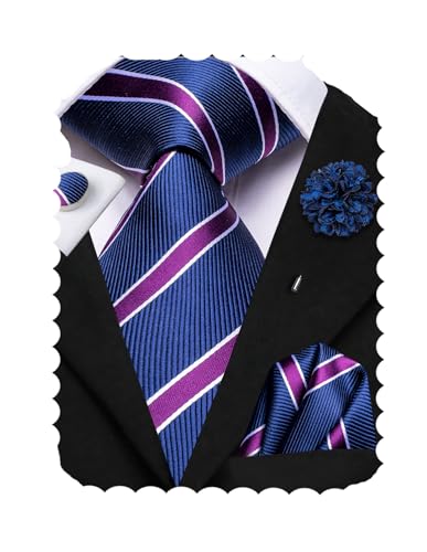 Image of Hi-Tie Men's Tie Lapel Pin Set Pocket Square Cufflinks Formal Woven Silk Tie Sets Wedding Party