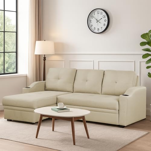 Image of Casaliving Ravonna LHS 4 Seater L Shape Corner Sofa Cum Bed for Living Room (Cream Fabric) Premium Fabric Sofa