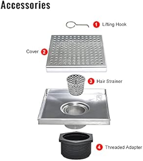 SaniteModar Square Shower Drain 6 inch Comes with Removable Square Hole Panel by Using 304 Stainless Steel Brushed Process. It is Equipped Hair Filter and Threaded Joint with Rubber Ring