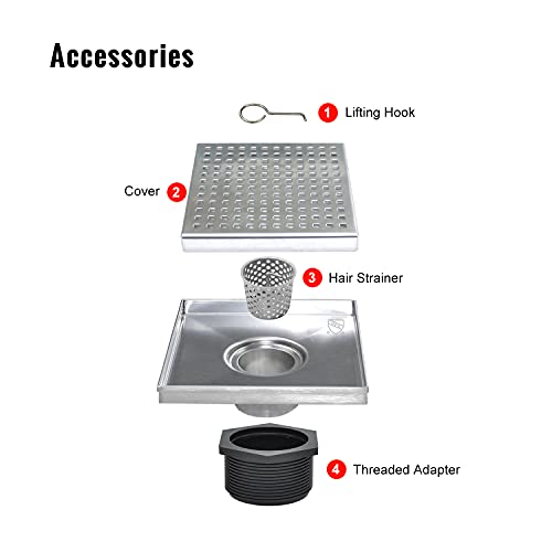 SaniteModar Square Shower Drain 6 inch Comes with Removable Square Hole Panel by Using 304 Stainless Steel Brushed Process. It is Equipped Hair Filter and Threaded Joint with Rubber Ring