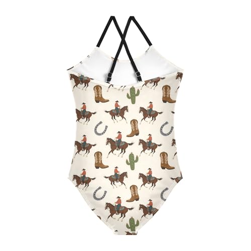 senya Girls Swimsuits One-Piece Swimwear Tie Bathing Suit Beach Summer Round Neck 7-8T Cactus Horse Rider Pattern2