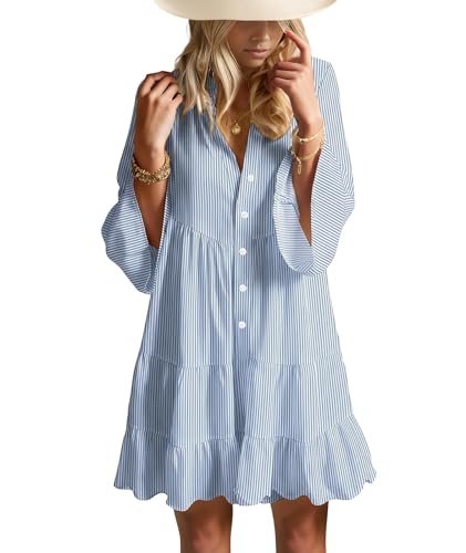 Image of Summer Dresses for Women 2026 Flowy Ruffle 3 /4 Sleeve V Neck Tiered Casual Babydoll Boho Beach Mini Dress