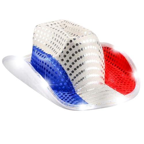 Image of 4th of July Red White and Blue Sequin Cowboy Hat for Women Men - LED Light-Up Cowboy Hat with White LED Brim