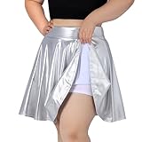 TRIWORKS Plus Size Silver Mini Skater Skirt with Shorts Women's Basic A-Line Silver Metallic Skirts Casual Stretchy High Waist Flared Pleated Tennis Skirt XL