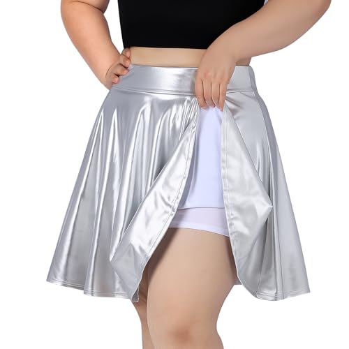 Image of TRIWORKS Plus Size Silver Mini Skater Skirt with Shorts Women's Basic A-Line Silver Metallic Skirts Casual Stretchy High Waist Flared Pleated Tennis Skirt XL