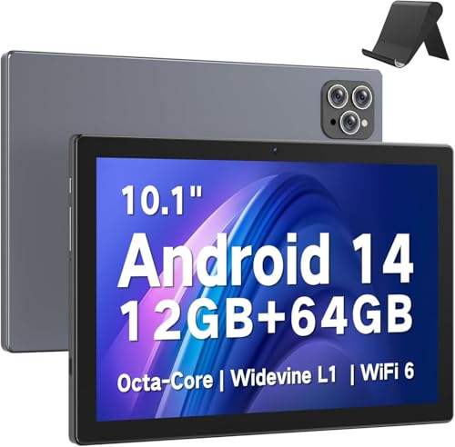 FIEKVE Tablet 10.1 Inch Android 14 Tablets for Adult Octa-Core 12GB RAM 64GB Storage(2TB Expand) Octa-Core WiFi 6 Bluetooth 5.0 Large Touch Screen Tablet for Work Study & Entertainment