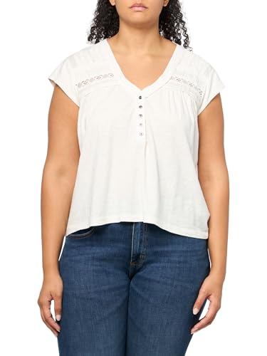 T-Shirt Henley Femme en Dentelle Lucky Brand Top Manches Courtes Col Boutonné
