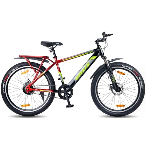 Image of Vaux Stallion-Pro 26T Cycle for Men with Integrated Carrier IBC| 17 inch Steel Frame| Dual-Tone Colors| Dual Disc Brakes| 26 X 2.4 Nylon Tyres| 80mm Front Suspension| Double Wall Alloy Rims(Red-Black)