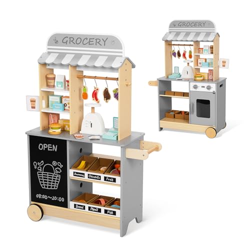 OOOK All-in-One Kaufladen Kinder Holz, Umkehrbar Spielgeschäft mit Tafeln, Marktstand Rollenspiel mit Ofen, Waage, Kassenregister für Kinder ab 3 Jahren
