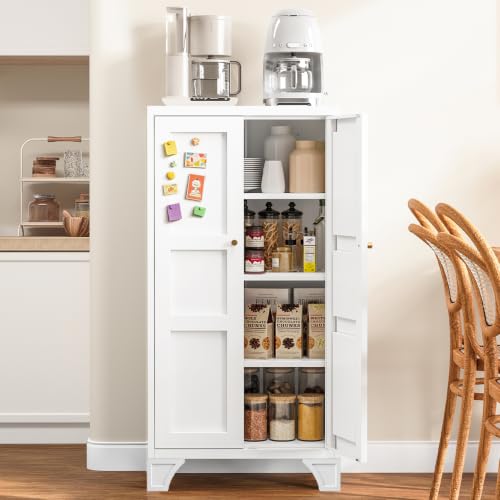 Yizosh Metal Pantry Storage Cabinet with Doors and Adjustable Shelves,White | Freestanding Pantry Small Cabinet White Kitchen 3 Shelves Locker for Kitchen,Living Room,Dining Room