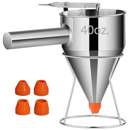 LunaCozy Pancake Batter Dispenser – 40oz Stainless Steel No-Drip Funnel, 4 Interchangeable Silicone Nozzles, Easy Control Batter Dispenser for Pancakes, Cupcakes, Funnel Cakes, Muffins & More