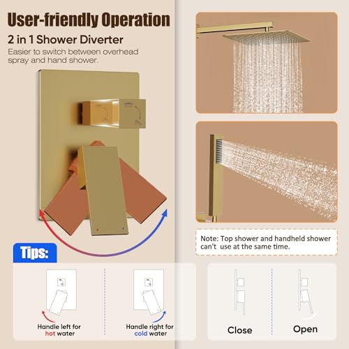Image of Gabrylly Shower System Gold, High Pressure 12 inch Rainfall Shower heads with Handheld Spray Combo, Modern Bathroom Shower Fixtures, Complete Shower Faucet Set with Valve and Diverter, Brushed Gold