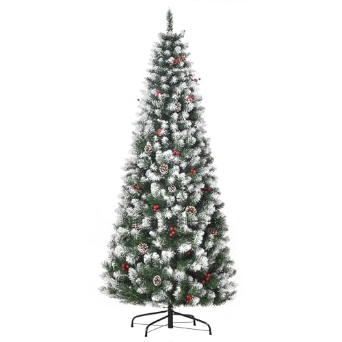 HOMCOM Albero di Natale Innevato Artificiale 180cm con Bacche Rosse e Pigne Bianche, Base Rimovibile Pieghevole, 618 Rami