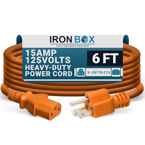 Image of IronBox Electric - Heavy-Duty 5-15P to C13 Power Cord - 3 Prong 15A 125V 14 /3 SJT PC Cable - Cord for Computer, Monitor, Subwoofer, Amplifier - Cable for Power Supply - (Orange 6 Foot)