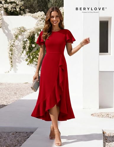 Image of BeryLove Women Formal Party Dress Flutter Short Sleeve Wedding Cocktail Long Evening Dress