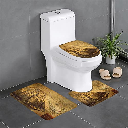 3-teiliges Badezimmerteppich-Set, Segel-Piraten-Druck, 3-teiliges Badezimmerteppich-Set, Badematte, Kontur, WC-Deckelbezug, Badezimmer, rutschfestes Pad