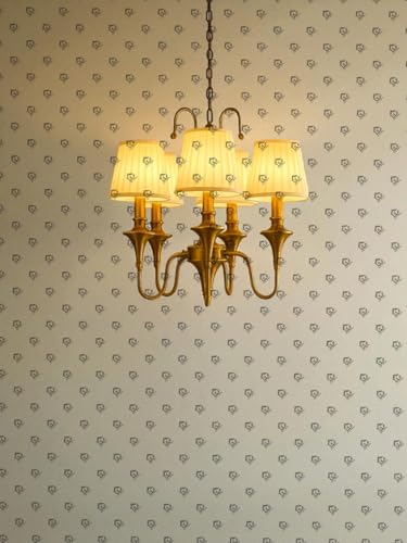 Image of Traditional Brass Chandelier, 5-Light and Double Wall Light & Single Wall Light White Fabric Shades, Chain-Mounted Ceiling Light (American, 1)