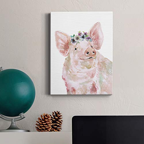 Renditions Gallery Canvas Animal Wall Art Modern Decorations Paintings & Prints Happy Floral Crown Pig Abstract Pink Romantic Wall Hanging Artwork For Bedroom Office Kitchen - 16"X20" Lt26 #TOP3