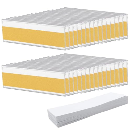 PacuM 50 Piezas Porta Etiquetas Transparente 76 x 25MM Portaprecios Adhesivo Porta Precios Impermeable Tarjetero Plastico para Estante Archivadores Cajones (Con Cartulina)