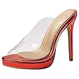  TAONEEF Mujer Transparent Mules Sandalias Tacón De Aguja Peep Toe Mulas Noche Zapatos De Plataforma Red Talla 34 Asian