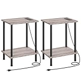 HOOBRO Side Table with Charging Station, Set of 2 End Tables with USB Port and Outlets, Nightstand with 2-Layer Storage Shelves for Small Spaces, Living Room, Bedroom, Greige and Black BG09UBZP201
