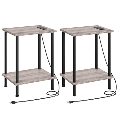HOOBRO Side Table with Charging Station, Set of 2 End Tables with USB Port and Outlets, Nightstand with 2-Layer Storage Shelves for Small Spaces, Living Room, Bedroom, Greige and Black BG09U