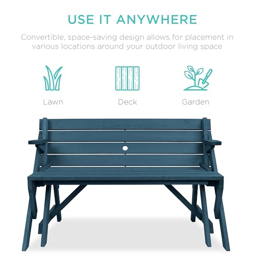 Image of Best Choice Products 2-in-1 Transforming Interchangeable Outdoor Wooden Picnic Table Garden Bench for Backyard, Porch, Patio, Deck w /Umbrella Hole - Harbor Blue