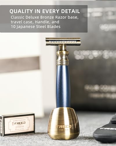 FREED-4-piece-Set-for-Men-Double-Edge-Safety-Razor-with-alloy-handle-include-10-count-Japanese-6cr13-Stainless-Steel-blade-Its-the-best-gift-for-men-fathersor-birthdays-Blue