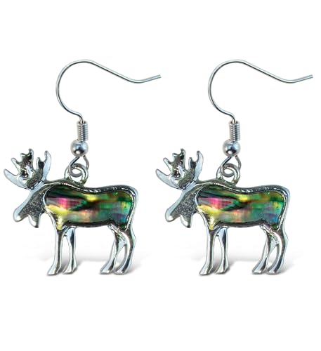 Puzzled Multi-Color Moose Earrings - Cute Wildlife Animal Moose Earrings Made with Natural New Zealand Paua Abalone Shell, Moose Jewelry For Women and Teens for Daily, Casual, and Formal Occasions