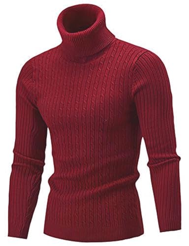 AIDEAONE Suéter De Cuello Alto para Hombre Suéteres Básicos Slim Fit Jersey Cálido Manga Larga Rojo L