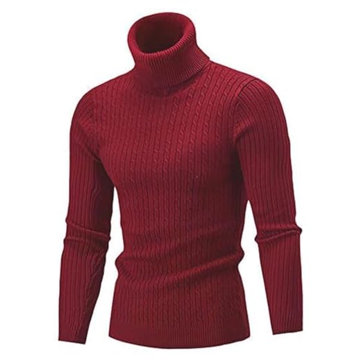 AIDEAONE Herr polotröja turtleneck stickad tröja stående krage tröja varm basic finstickad polotröja, Mörkröd, XXL