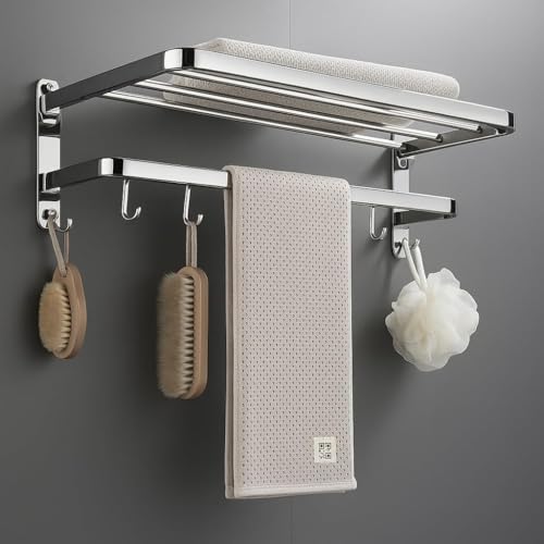 Image of Stainless Steel 304 Grade Dual Folding Towel Rack for Bathroom /Towel Stand /Hanger /Bathroom Accessories (24 Inch-Chrome) (Steel Folding Towel Hanger 60L x 22W x 21H)