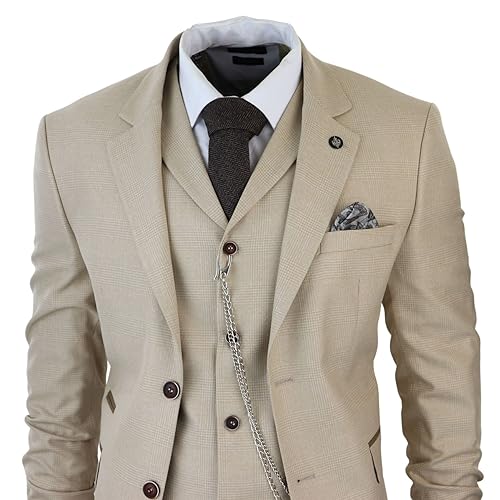 Mens 3 Piece Suit Prince of Wales Check Cream Beige Tailored Fit Vintage Wedding3