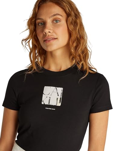 Calvin Klein Camiseta de Manga Corta Mujer Front Photo Graphic Baby tee con Cuello Redondo, Negro (CK Black), XL