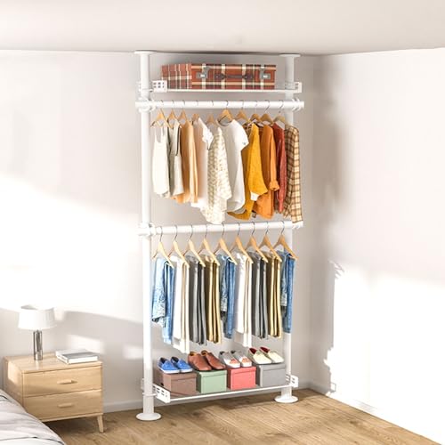 Percha ajustable con estante de almacenamiento y ganchos para zapatos, barra de tensión de suelo a techo, perchero telescópico para sala de estar, dormitorio y armario