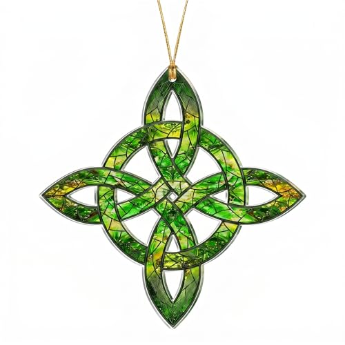 Green Celtic Knot Hanging Ornament Acrylic Irish Inspired Decor for Home Window Wall Door Small Tree Wreath Decorative Symbol Art Spring Holiday Accent Religious Knot Gift