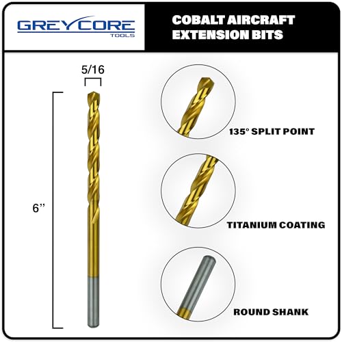 Greycore GCT-AEB6-516 Tools 5/16 Inch X 6 Inch Cobalt Aircraft Extension Bit – 2 Pack M35 Cobalt Drill Bit, Industrial Titanium Coating – Drill Bits For Steel thumb #1