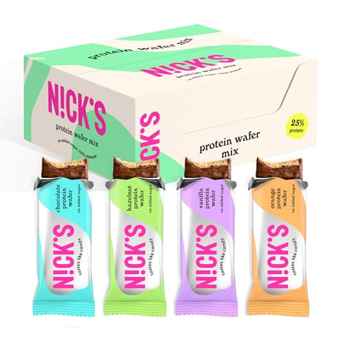 NICKS Protein Wafer Riegel Sport Mix | 25% Eiweiß | 203 Kalorien | Low carb Proteinriegel Schokolade Waffel Kekse ohne Zuckerzusatz Glutenfrei (9 Eiweißriegel x 40g)