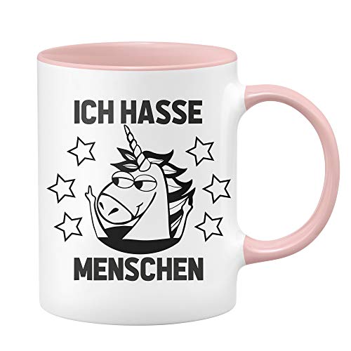 Einhorn Tasse Ich Hasse Menschen - lustige Kaffeetasse - witzige Tassen mit Sprüchen - Geschenk für Kollegin - Rosa