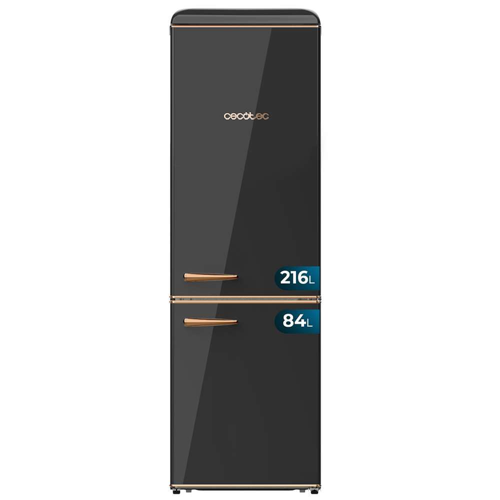 Cecotec Bolero CoolMarket Combi Origin 300 Kühlschrank mit 2 Türen, Retro-Kühlschrank, 300 l, Schwarz E, Höhe 191,5 cm und 60 cm Breite, Temperaturkontrolle, verchromter Griff und Glasablagen, Schwarz