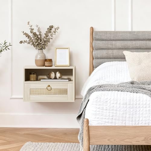 IGERI Floating Nightstand with Rattan Drawer, Wall Mounted Bedside Table with Open Storage, Boho Wood Hanging End Table for Bedroom, Light Oak by IGERI - Used condition - Image 8