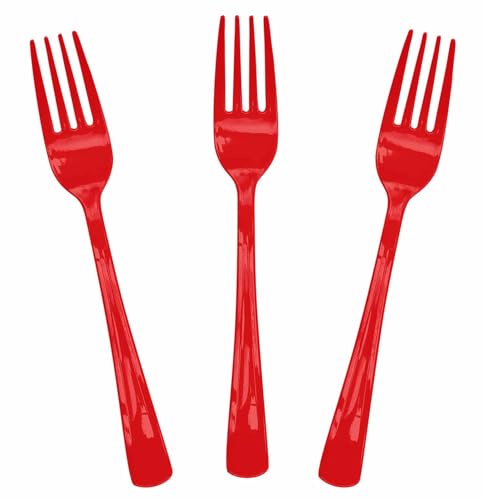 SietDESEO 25 PCS Red Plastic Forks Red Forks Disposable Utensils Heavy Duty Disposable Cutlery for Birthday Wedding Baby Shower Bridal Shower Plastic Silverware