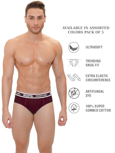RUPA FRONTLINE Front Open Inner Elastic Men’s Brief | 100% Cotton | Solid Colors | Comfortable & Breathable Everyday Wear | Pack of 5
