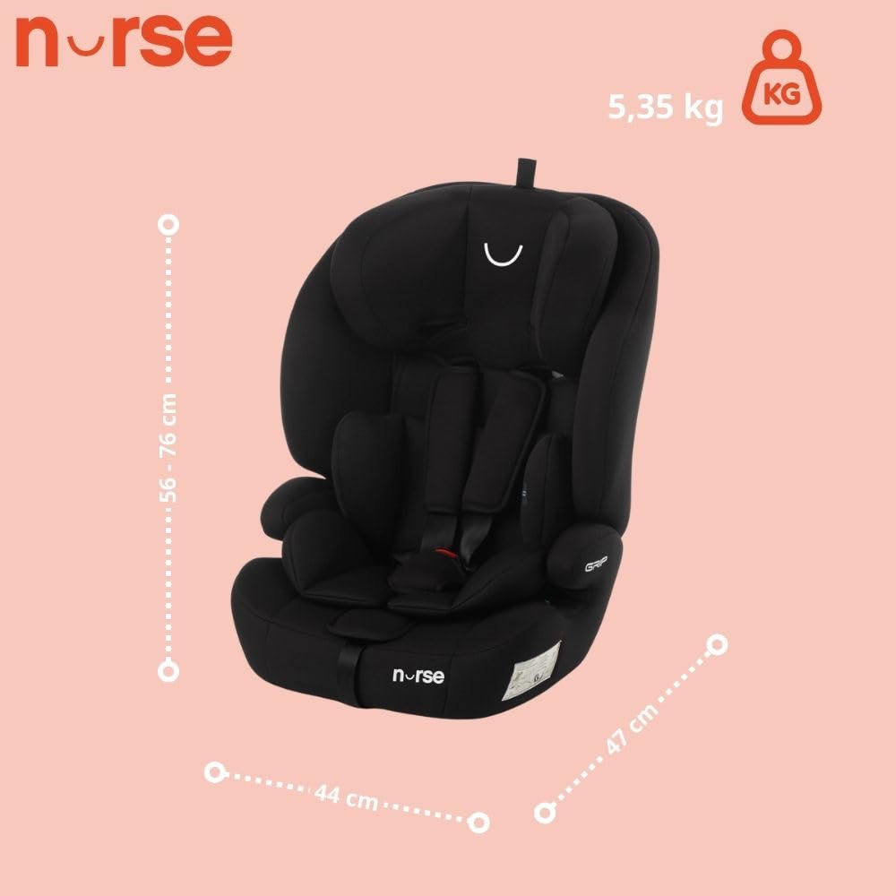 Nurse Uchwyt, fotel samochodowy iSize, 76 do 150 cm, 2-12 lat, instalacja paska, 9 pozycji, fotel samochodowy bez Isofix, czarny