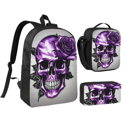 Purple Rose and Skull print Backpack Bookbag for Daily Use,3 Pcs Backpack Set with Lunch Box and Pencil Case