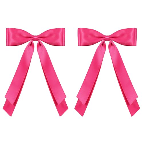 2PCS Silky Satin Hair Bows Hair Clip for Women Girls Hot Pink Solid Satin Polyester Ribbon Ponytail Holder Decor Accessories Hair Barrettes for Toddlers Teens Kids 5.5in