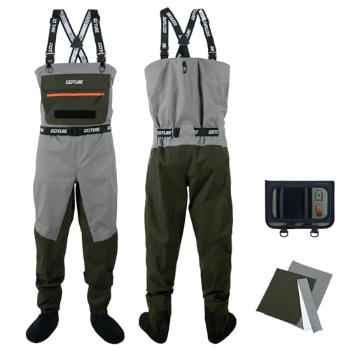 Goture 5-Layer Breathable Stocking Foot Waders & Waist Gear, Green XXL